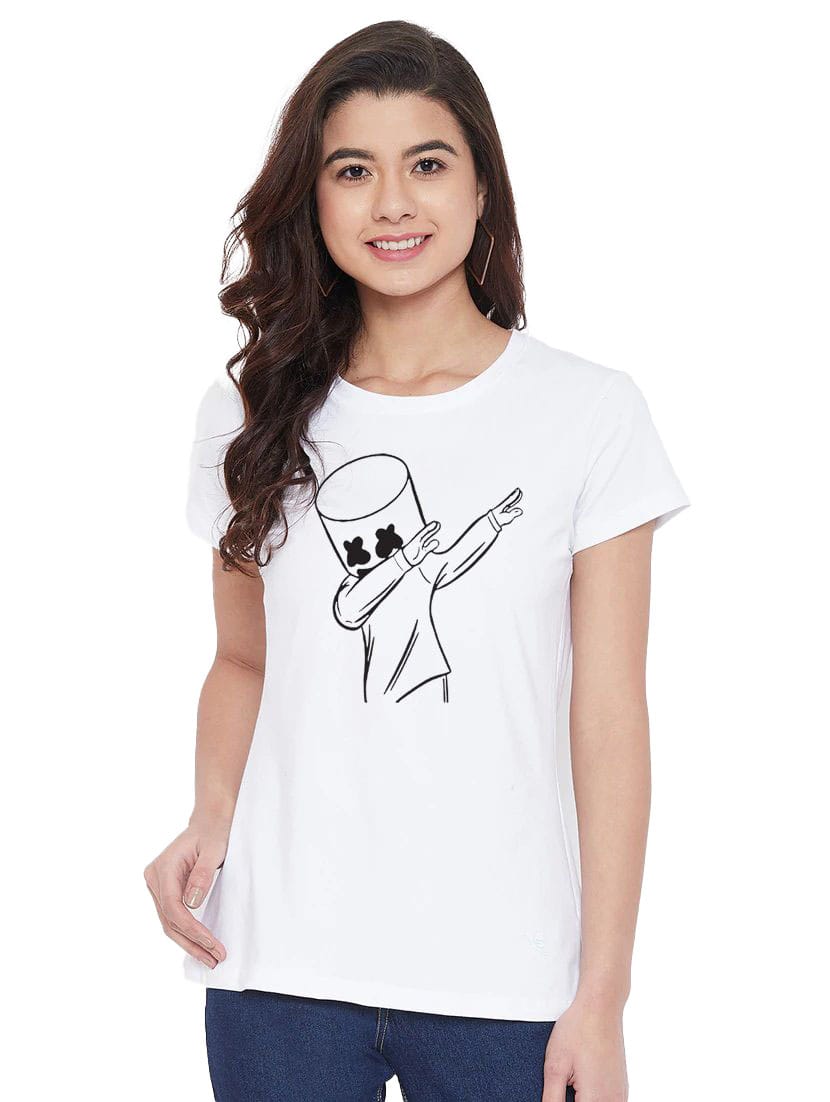 Women's Cotton Blend Marshmello Dap Printed T-Shirt L (White)