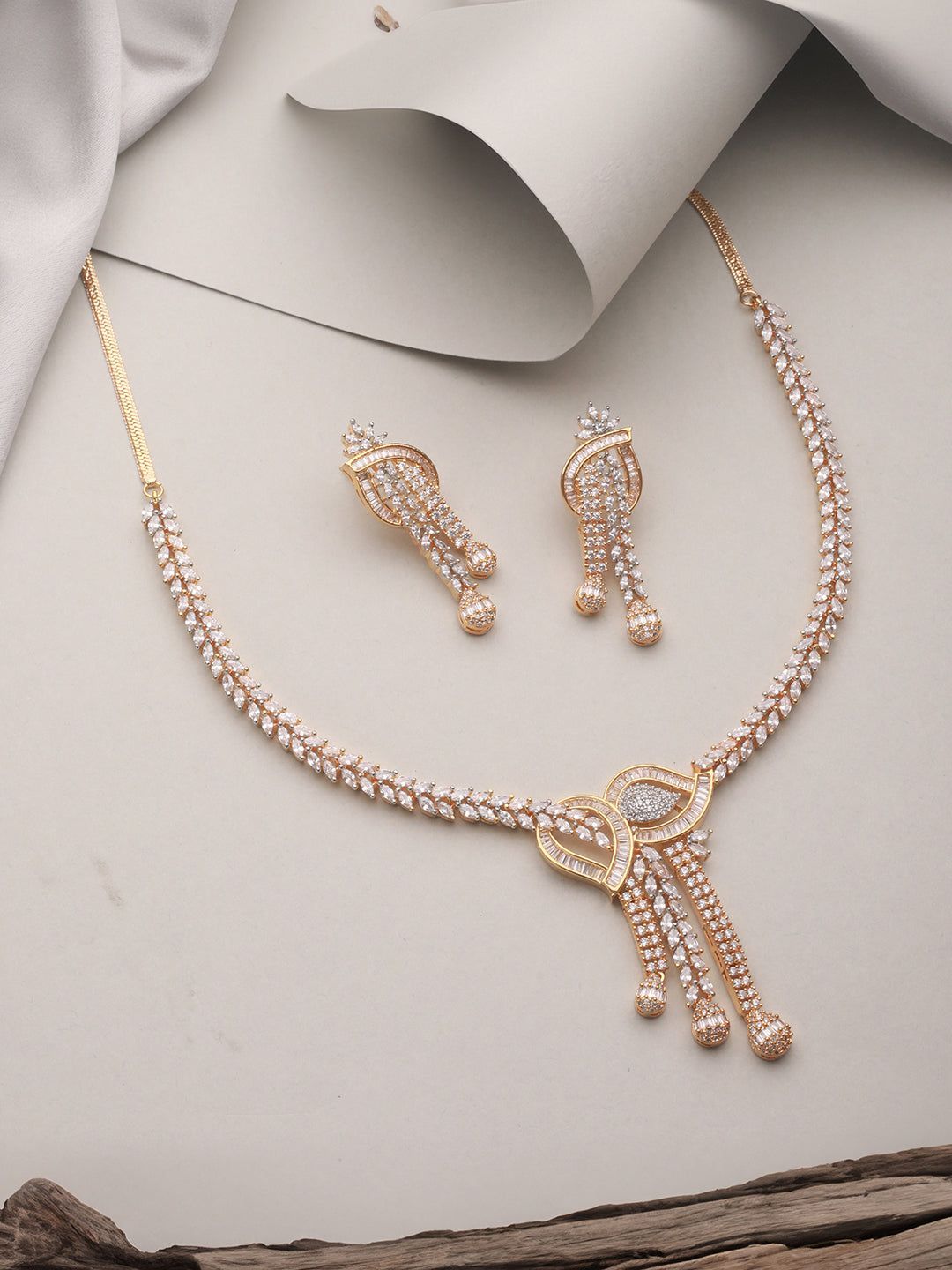 Dual Toned Gold Plated AD Studded Mango Design Luxe Statement Necklace Jewellery Set