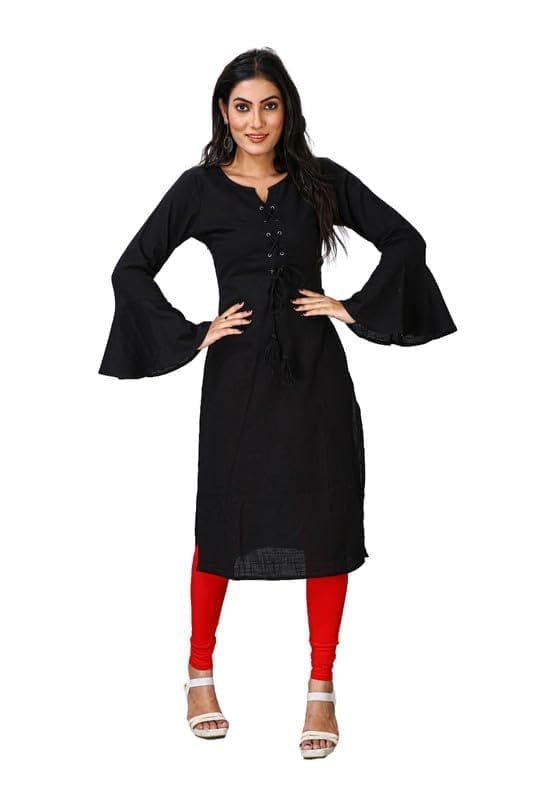 Women's Casual Full Sleeve Viscose Rayon Printed Kurti (Black, S)-PID46422