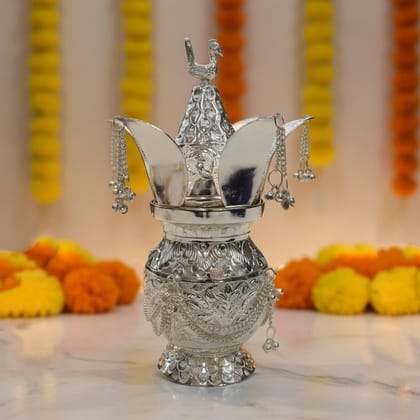 Brass Decorative Silver Finish Kalash | Temple & Puja Item, Height : 10 Inch (ATMAS070 C)