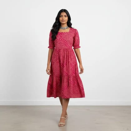 Magenta Pink Screen-Printed Bandhani Cotton Kurti from Mangalagiri Magenta Pink Screen-Printed Bandhani Cotton Kurti from Mangalagiri