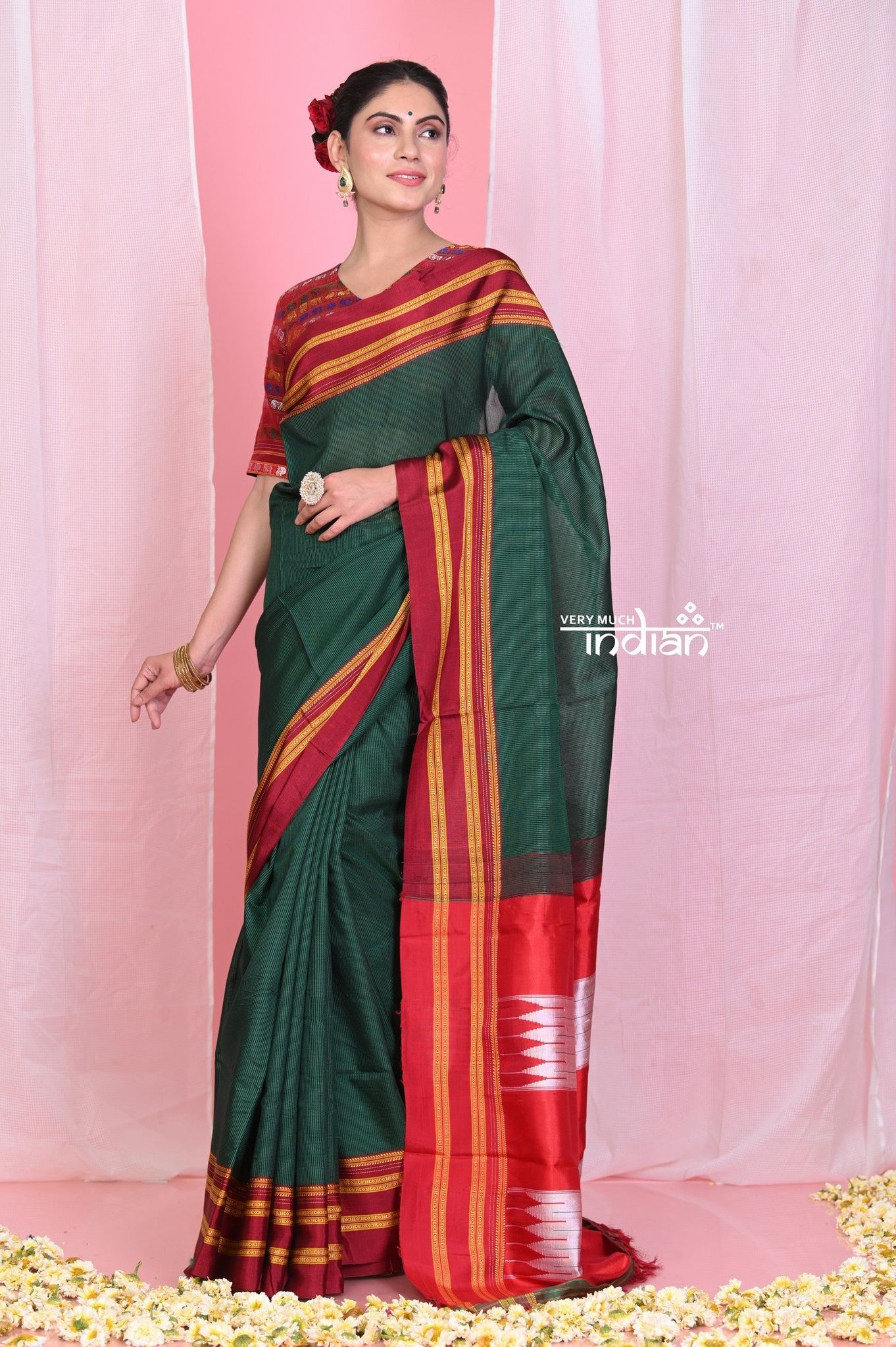Pehal~ Traditional Handloom Microcheck Pine Green Ilkal Cotton Viscose with Pure Silk Pallu