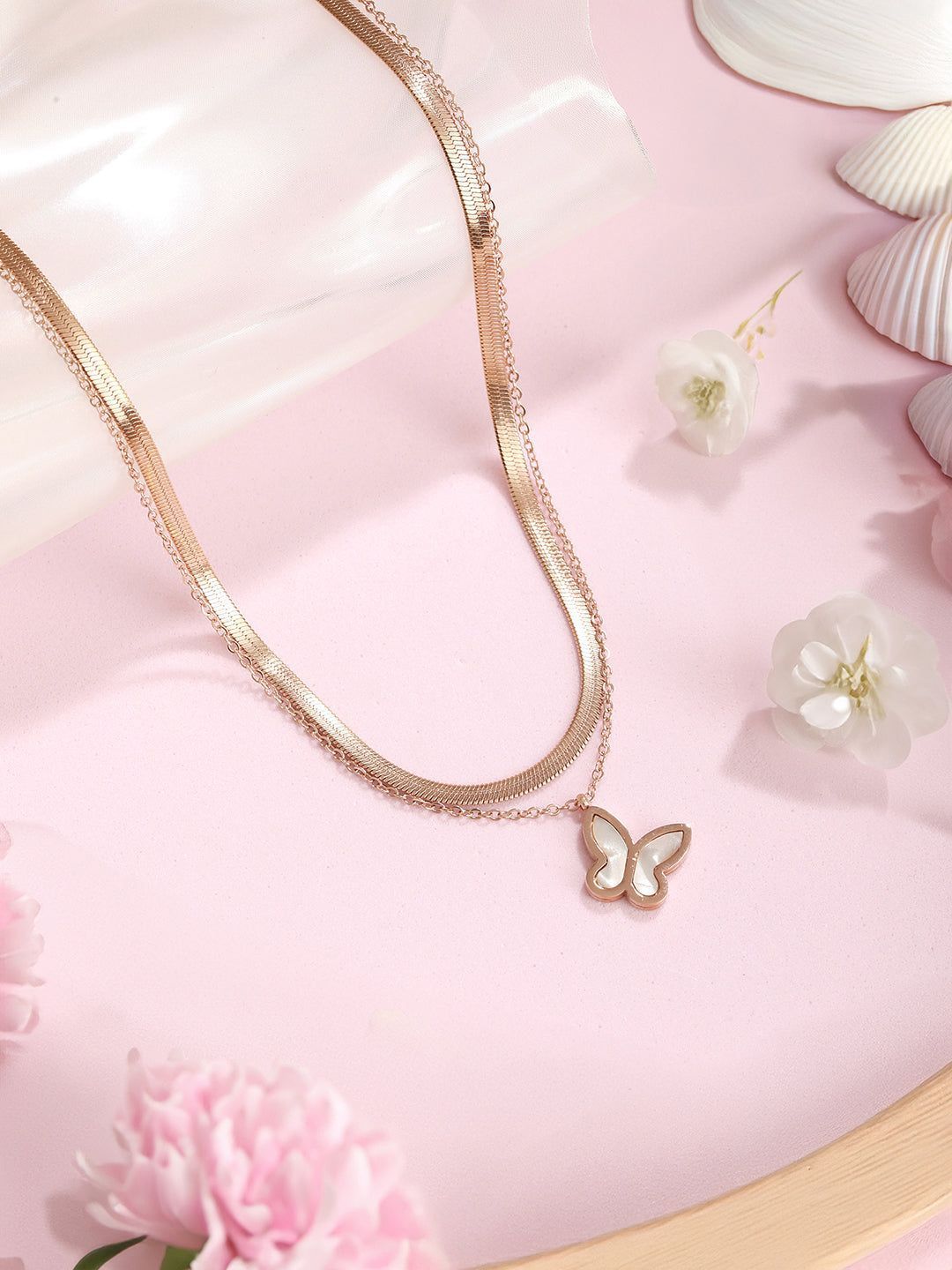 Anti-Tarnish Rose Gold Polish Layered Snake Chain Butterfly Necklace & Chain
