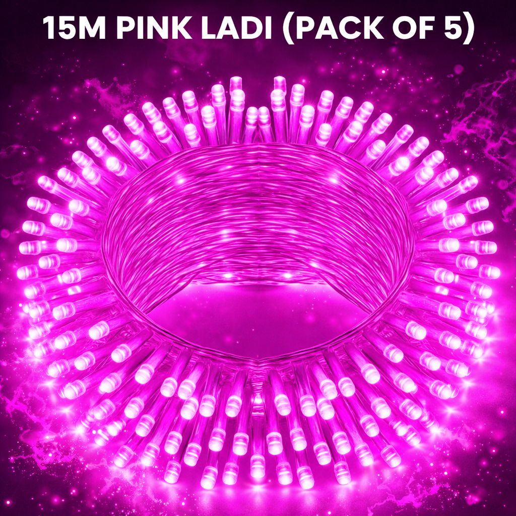 SPARKWORLD 11 Meter Pink LED Ladi Decorative String Lights (Pack of 5) | Steady Glow for Festivals, Weddings & Parties | Size: 15 M