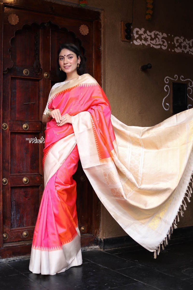 Utsaav ~ Gadwal Pure Silk Traditional Handloom Saree, Peach Pink with Off White Border,  Authentic Pure Silk