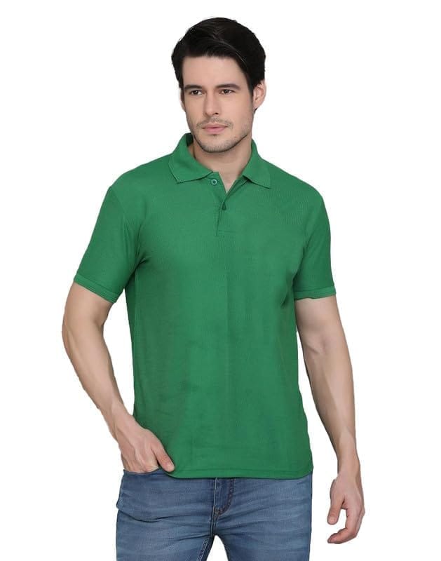 Men's Casual Half Sleeve Solid Cotton Blended Polo Neck T-Shirt (Green, L)-PID47126