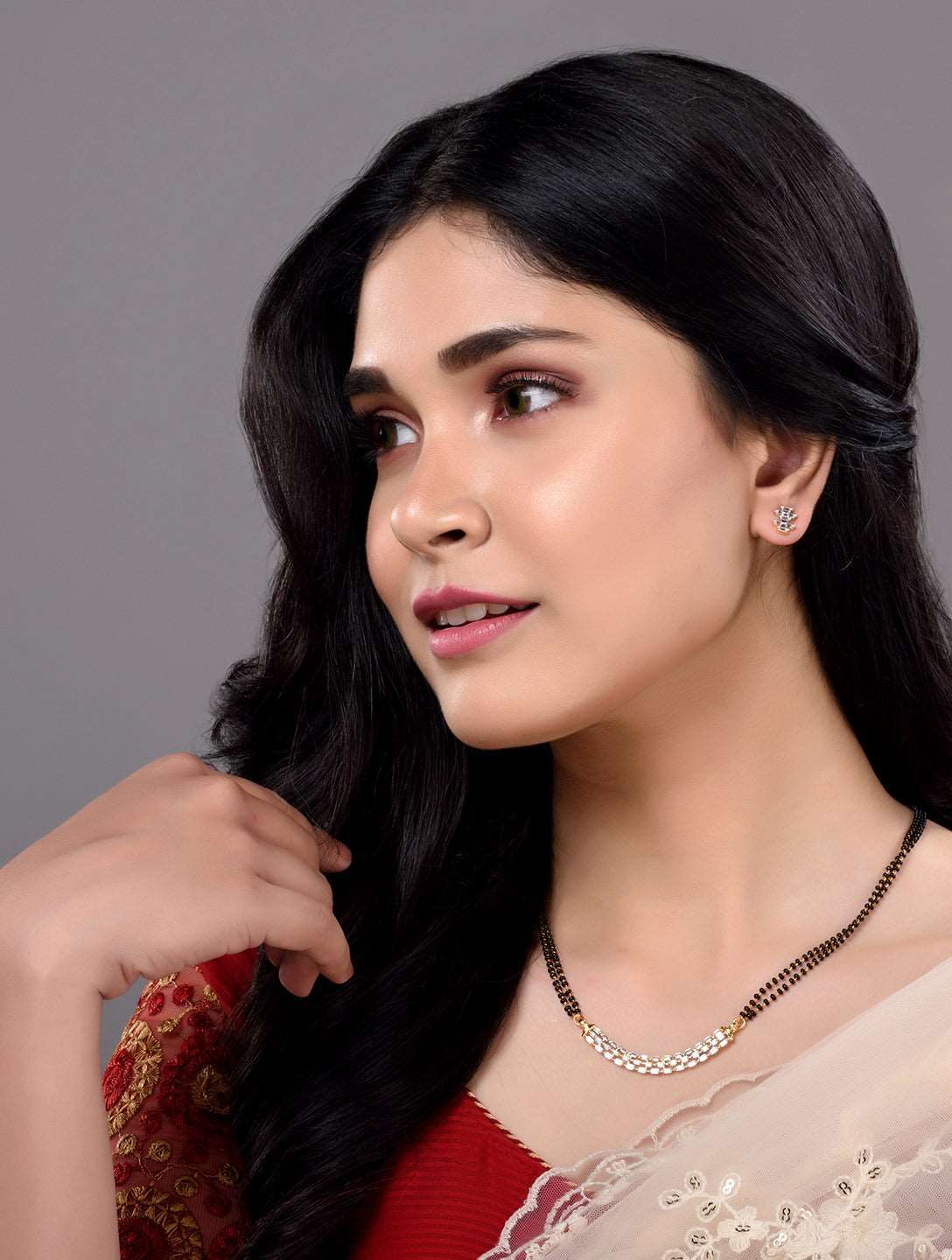 Gold Plated AD Studded Elegant Mangalsutra Pendant Earrings Set