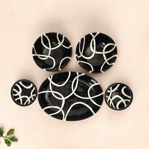 Handcrafted Black & White Blue Pottery Bowl & Plate Set  Modern Jaipur Art