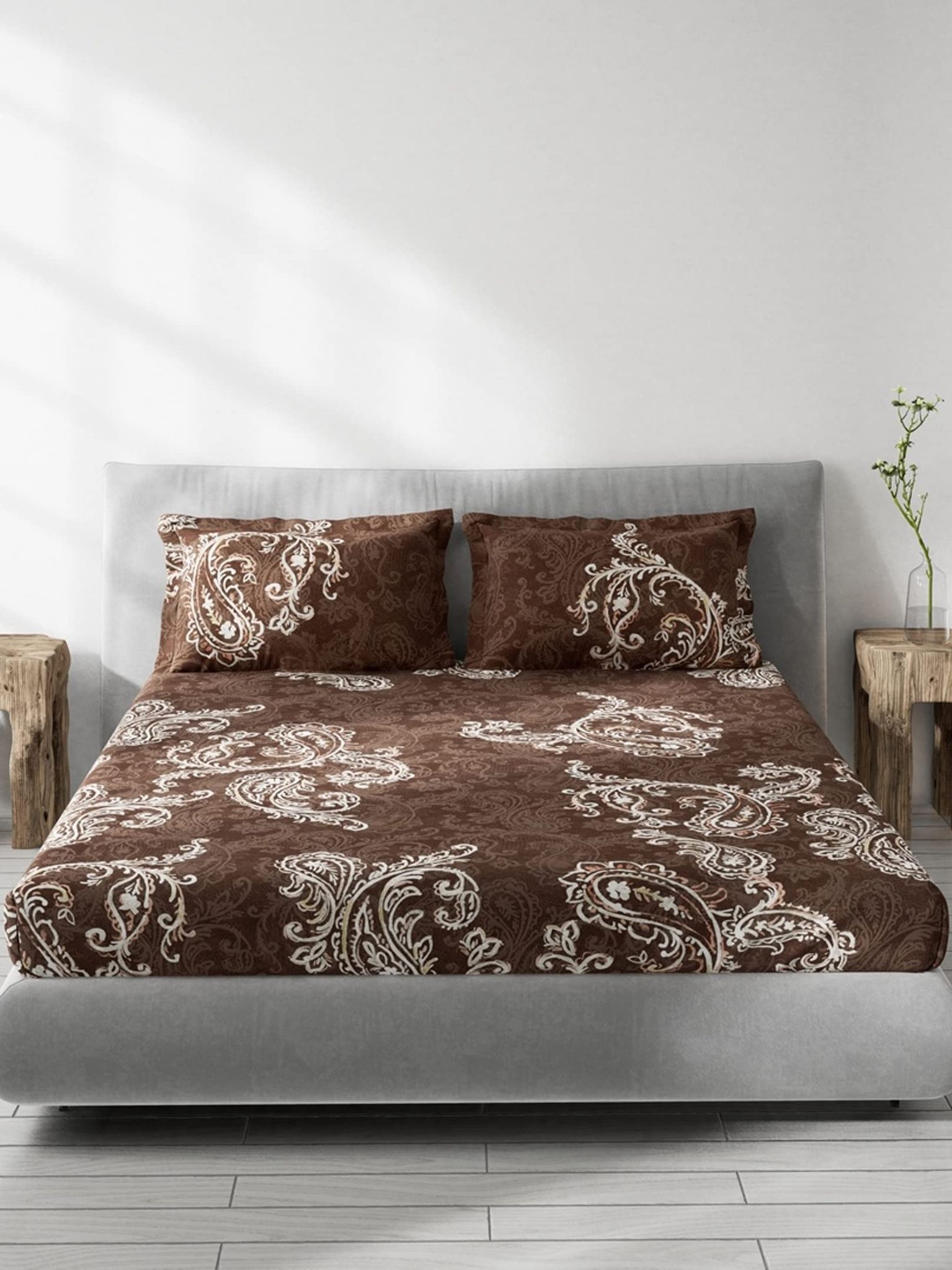 DDECOR - Shades Of India Collection 100% Cotton Paisley Pattern 136TC King Bedsheet |254 CM X 274 CM| Brown