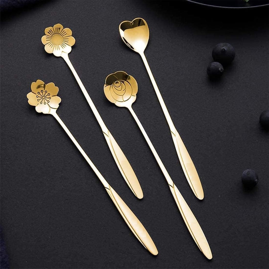 Golden Spoon Set/Coffee Spoon/Dessert Spoon/Cutlery Kitchen Tableware/Stainless Steel Gold Flower Shape Coffee Spoon with Package Bag 18cm, 4 Pcs Different Coffee Spoon