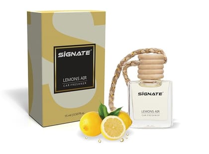 Signate Car Perfume with Natural Fragrance Essential Oils | Car Air Fresheners Long Lasting Upto 90 Days | Hanging Pod in Glass Bottle with Wooden Diffuser Lid  15ml (Lemond Air)