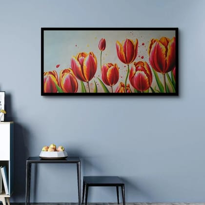 Luminary Tulip Radiance – Modern Vibrant Tulip Museum-Quality Cotton Canvas Art for Dining Room Décor | Frame Size (127 X 69 Cm) | Frame Type (Black) | 5-Year Warranty
