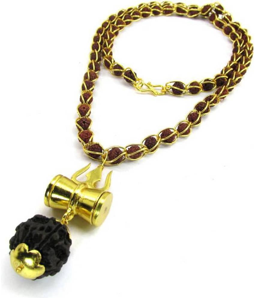 Shiv Shakti Kavach 5 Mukhi Rudraksha Mala With Shiv Trishul & Damru Brass Necklace Brass Brass Pendant Set