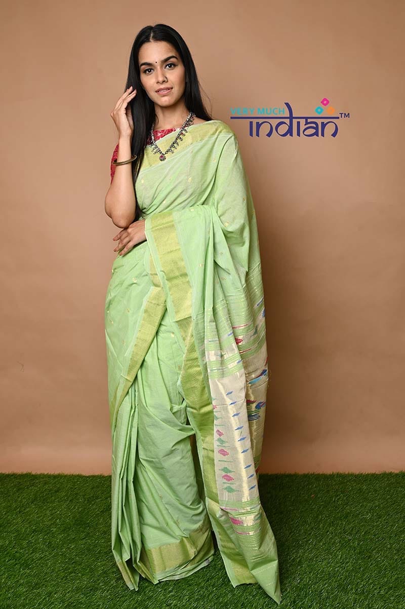 Cotton Paithani - Handloom Fresh Pista Green Paithani with Traditional Double Pallu