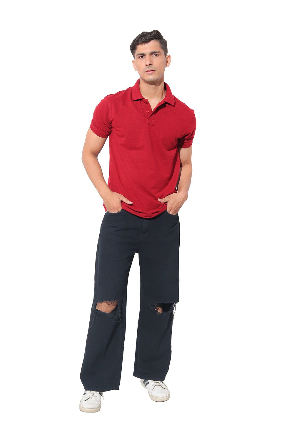 Kinnko Premium Mens Dark Red Polo Neck Cotton Solid T shirt