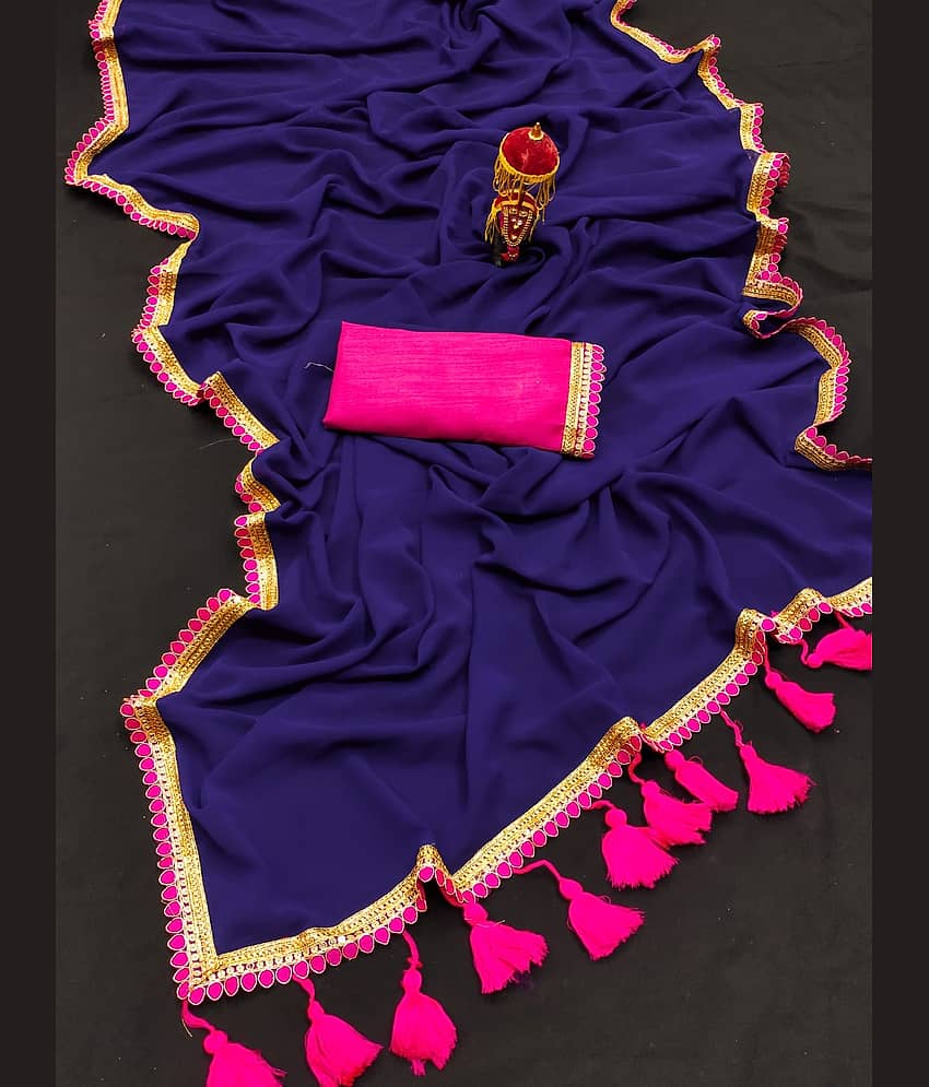supalee Tex Georgette Solid Saree With Unstitched Blouse Piece ( Blue )