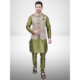 PrintCultr Men Silk Blend Green Kurta Pyjama Ethnic Jacket Set PrintCultr Men Silk Blend Green Kurta Pyjama Ethnic Jacket Set
