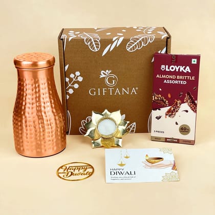 Curated Diwali Gift Set - Copper Pot, Almond Brittle & Lotus Candle