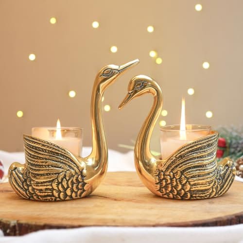 BEHOMA Pair of Swan Candle Holder with Giftbox for Home Decor, Gold
