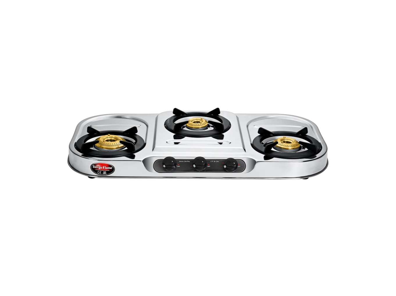 Surya Flame Naples Gas Stove 3 Burner Stainless Steel, Tri Pin Jumbo Brass Burner, Naples 3 Burner Steel Cooktop with Removale Drip Tray, Sturdy Pan Support