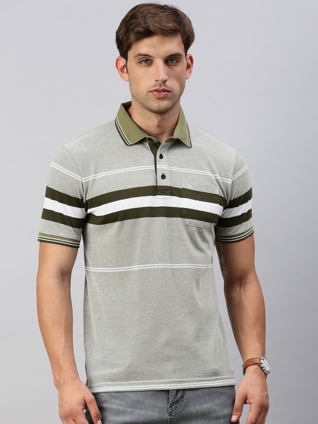 Classic Polo Men's Half Sleeve Grey/Olive Polo Neck Slim Fit Striped T-Shirt | VTA - 285 A SF P
