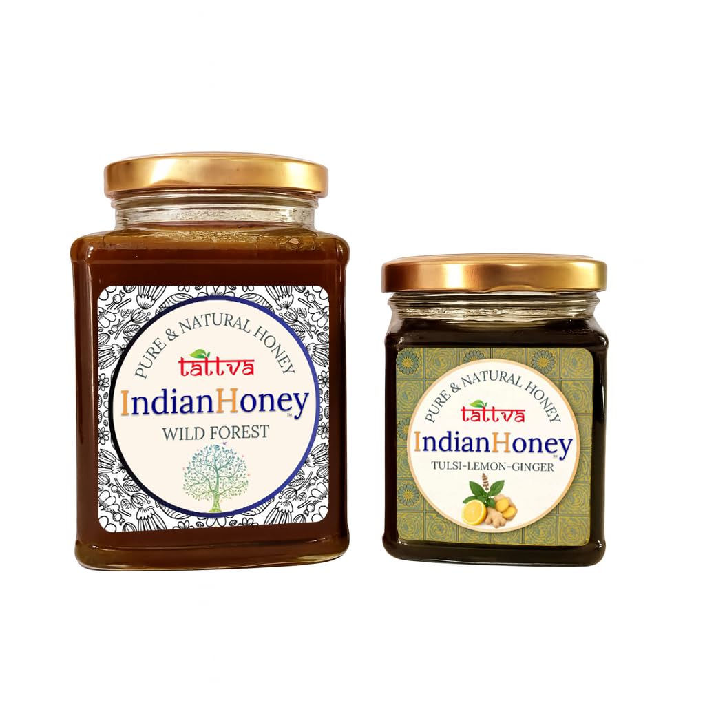 IndianHoney Wild Forest Honey & Warming & Anti-Inflammatory Ginger Infused Honey Combo Pack (500gm & 230gm) Wild Forest & Tulsi Lemon Ginger