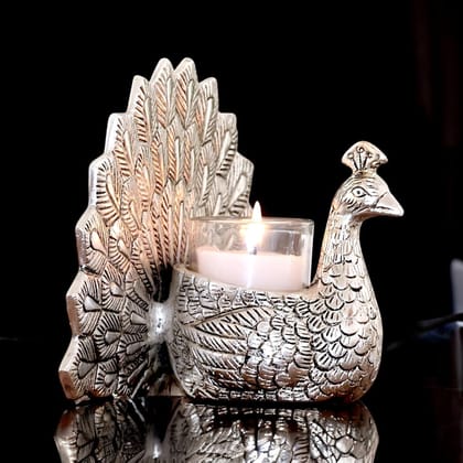 Dreamkraft Decorative Metal Dancing Peacock Candle Holder Vastu Figurine Showpiece Statue for Gifting (Silver, 10 X 17 X 14 CM)
