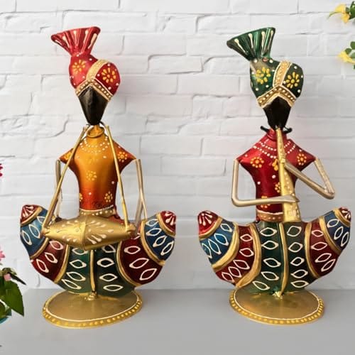 Golden Finish Rajasthani Musician Figurines Set of 2 | Handcrafted Metal Showpiece | 5x2x9 Inch | Traditional Home