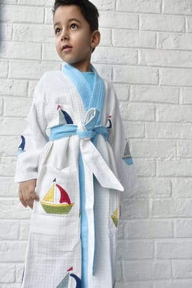Kids HandBlock Premium Waffle Cotton Bathrobe Boat Pattern -Small (2-4 years)