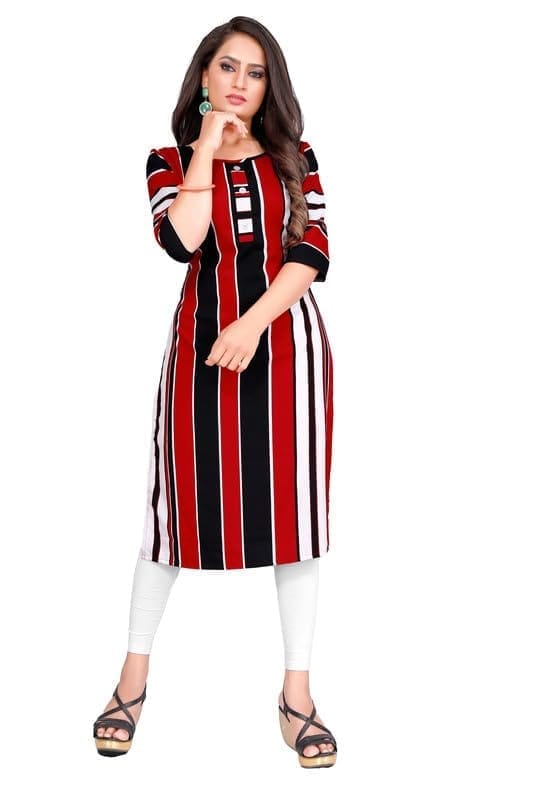 Women's Casual 3/4th Sleeve Printed Crepe Kurti (Red, M)-PID46132