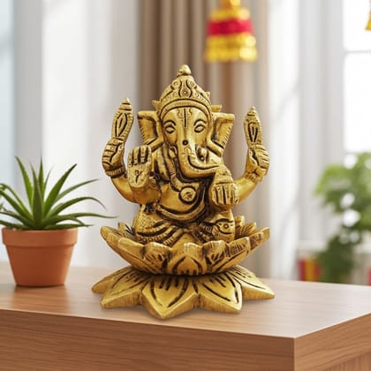 Brass Ganesh Idol on Lotus for Vastu, Office & Home, Height : 3.5 Inch (BSMAS1874 G)