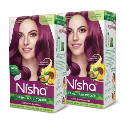Nisha Creme Hair Color Wine Burgundy 120g Pack of 2, Permanent Hair Colour, 100% Grey Coverage, Long Lasting Hair Colour
