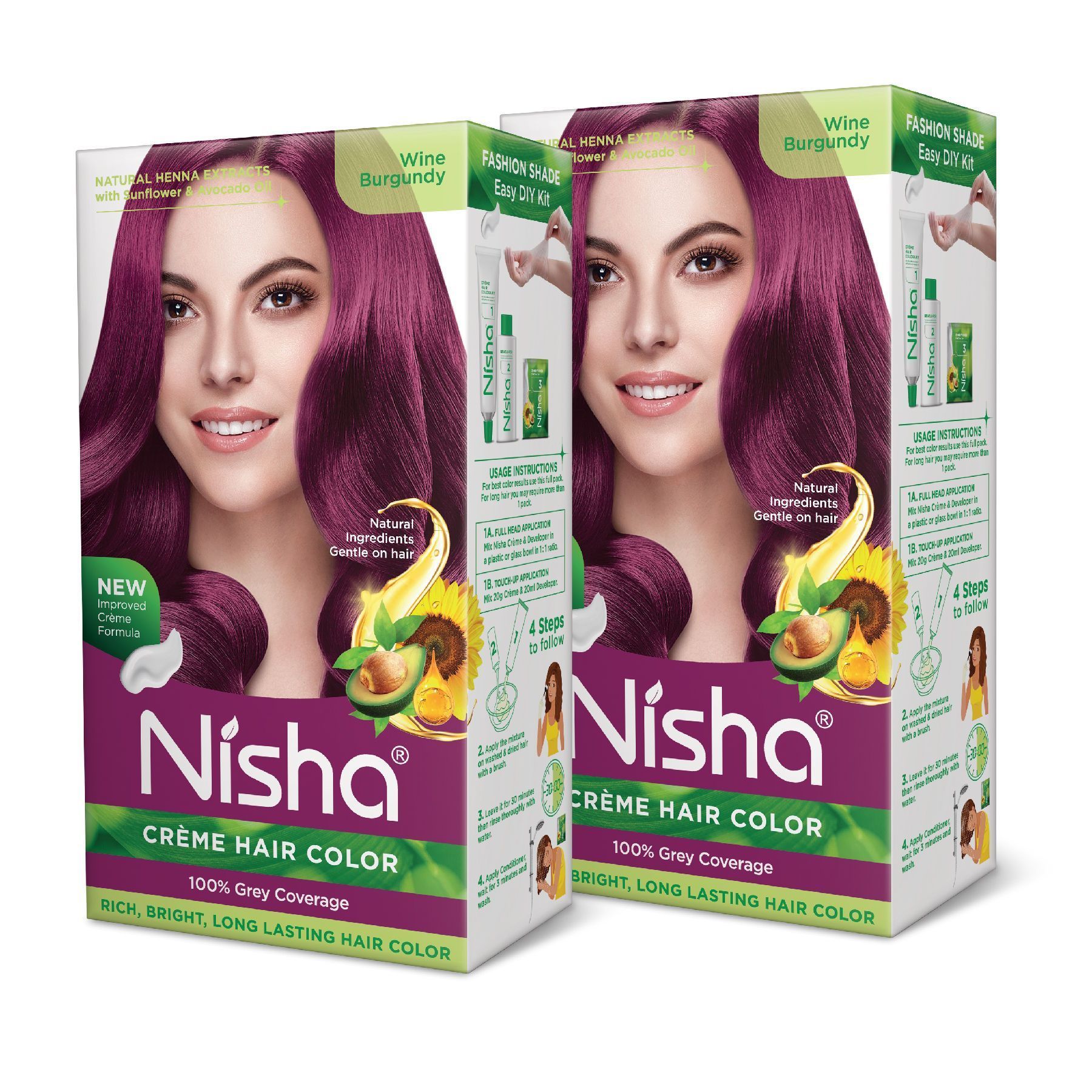 Nisha Creme Hair Color Wine Burgundy 120g Pack of 2, Permanent Hair Colour, 100% Grey Coverage, Long Lasting Hair Colour