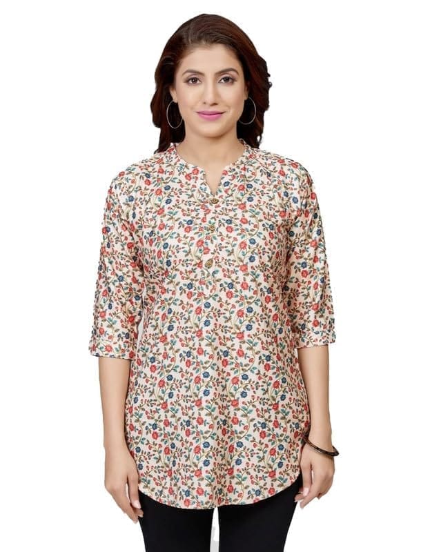 Women's Poly Crepe Mandarin Collar 3/4 Sleeves Short Top (Beige, M)-PID56224