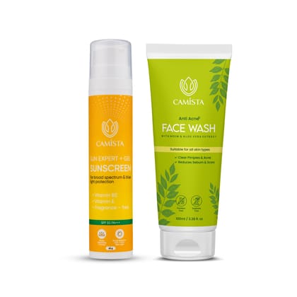 CAMISTA Sun Expert + Gel Sunscreen SPF 50 PA+++ (60 gm) with Anti Acne Face Wash (100 ml) - pack of 2 CAMISTA Sun Expert + Gel Sunscreen SPF 50 PA+++ (60 gm) with Anti Acne Face Wash (100 ml) - pack of 2