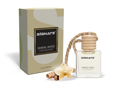Signate Car Perfume with Natural Fragrance Essential Oils | Car Air Fresheners Long Lasting Upto 90 Days | Hanging Pod in Glass Bottle with Wooden Diffuser Lid  15ml (Sandal air)