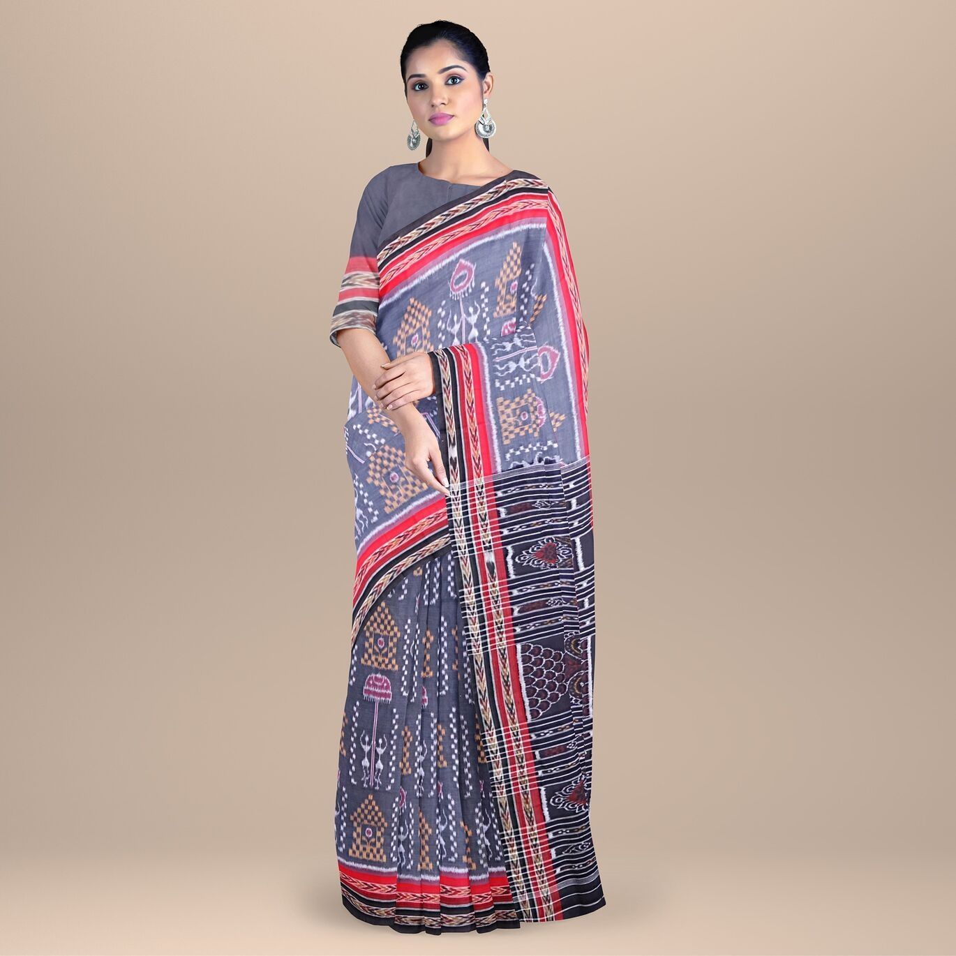 Nuapatana Tribal Design Cotton Saree With Blouse Piece (Shadow Blue)