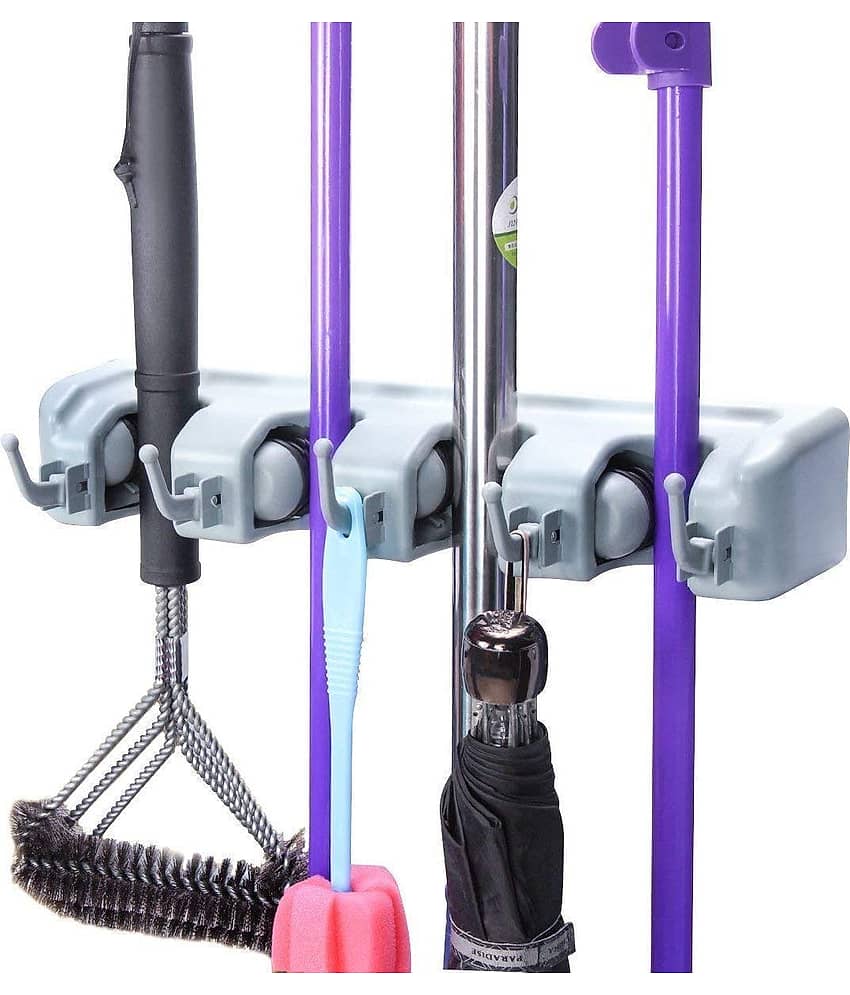 Wall Mounted Mop and Broom Holder, 4 Slot Position with 5 Hooks Garage Storage ( 34.6 x 16.5 x 7.1 cm , Grey)