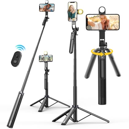 KINGONE Long Selfie Stick with Tripod Stand Aluminum 71inch/180cm, 360° Degree Rotation Selfie Stick Tripod for Phone, Rechargeable Remote & LED Fill Light, 1/4" Screw for Camera Gopro for Vlogging Black / 71inch/180cm