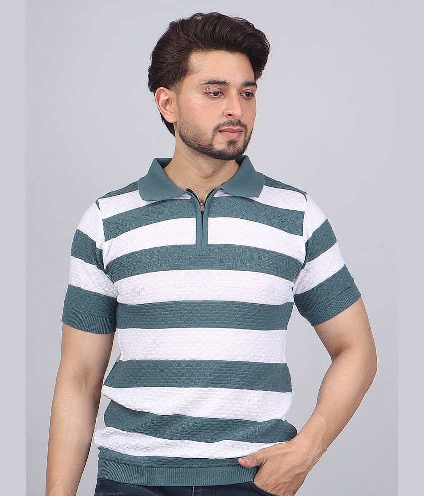 FEVERFEW Men Cotton Blend Regular Fit Striped Polo T Shirt ( Light Grey )