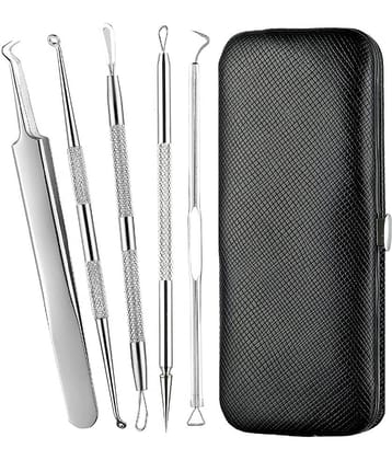 5 in 1 Stainless Steel Blackhead Remover Tool Kit with Case/Anti Slip Blackhead Tweezers Pimple Removal Tool Acne Needle Set
