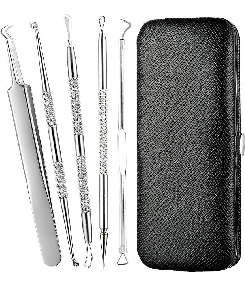 5 in 1 Stainless Steel Blackhead Remover Tool Kit with Case/Anti Slip Blackhead Tweezers Pimple Removal Tool Acne Needle Set
