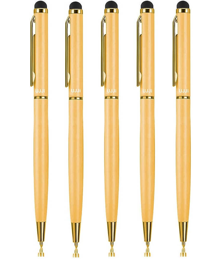 UJJi Sleek Design Matte Finish Gold Color Body Pen with Stylus for Touch Screen Pack of 5 Ball Pen