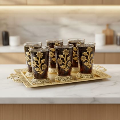 Aluminium Decorative Glass Set with Tray (6 Pieces) | Luxury Serving Set for Home & Gifting, Height : 1 Inch (ASMAS322 A)