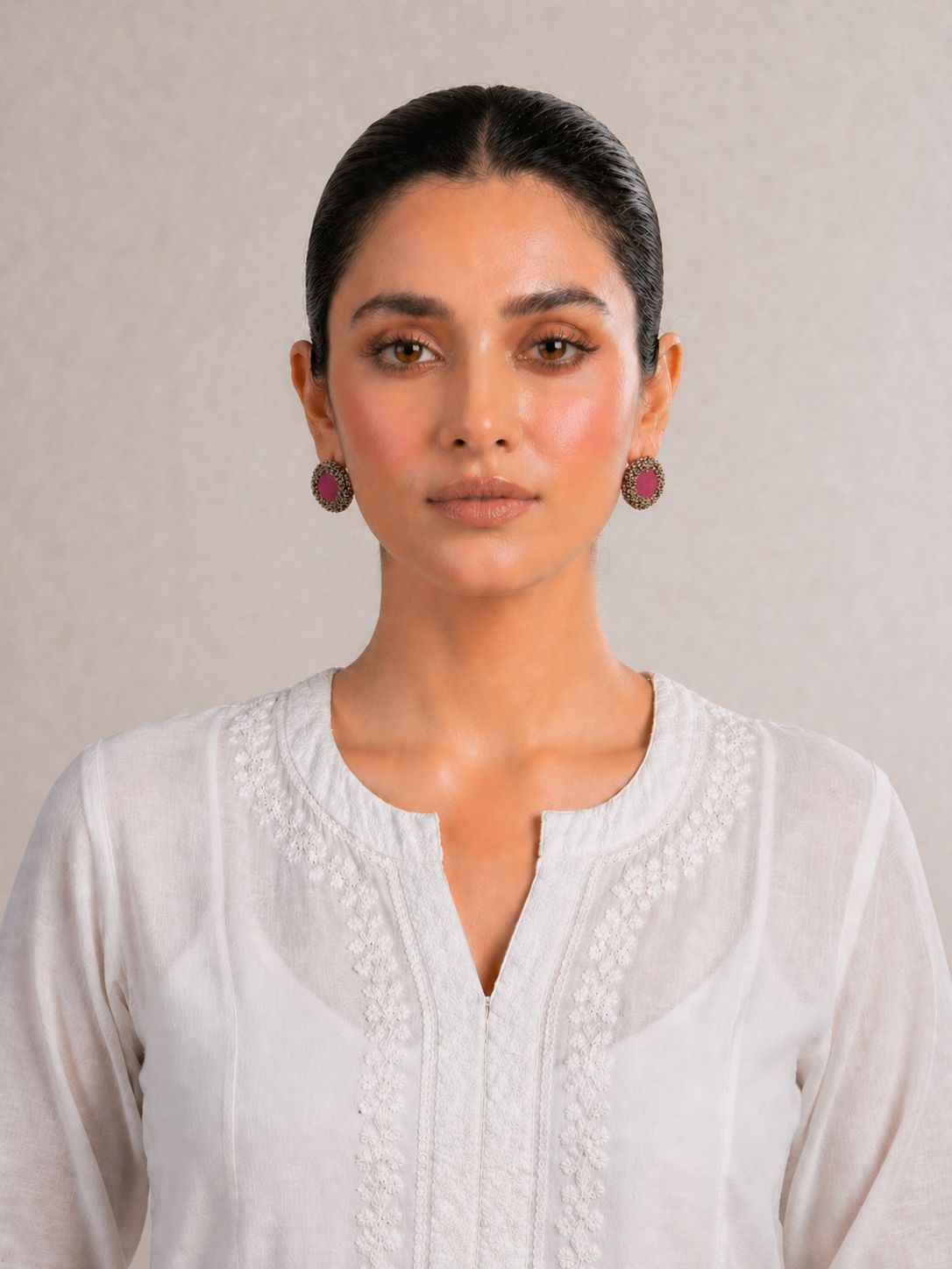 Pink Antique Gold Beaded Stud Earrings