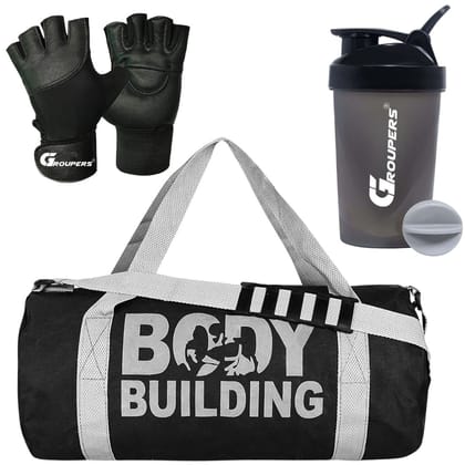 GROUPERS Duffle PU Leather Bag with Shaker Bottle-400ml & GloveslDuffle Bags Travel
