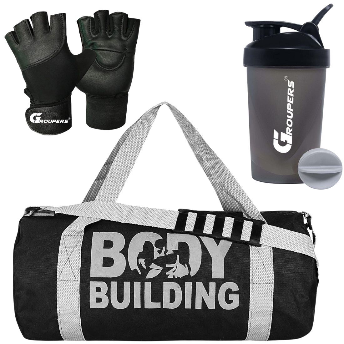 GROUPERS Duffle PU Leather Bag with Shaker Bottle-400ml & GloveslDuffle Bags Travel