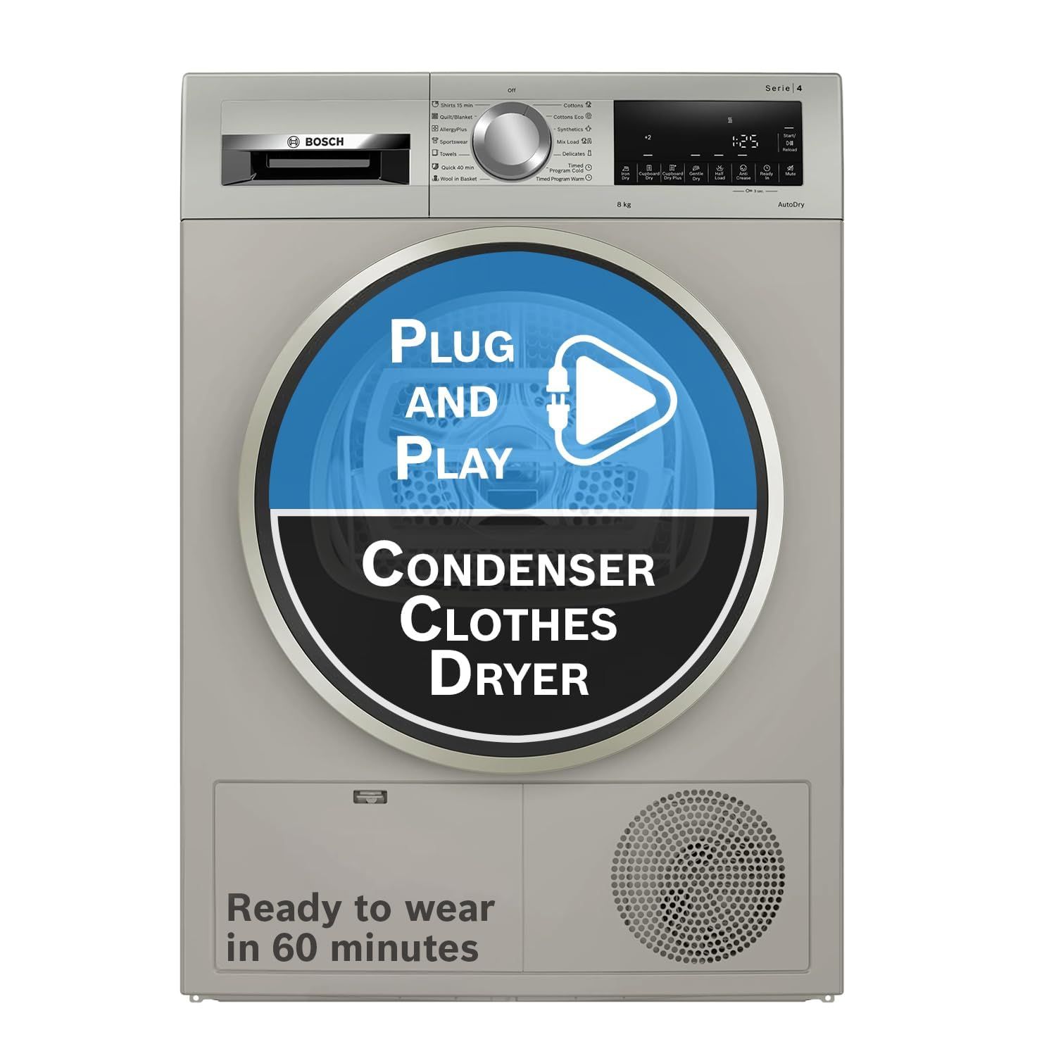 Bosch 8 kg Fully Automatic Front Load Condenser Tumble Dryer | 100% Drying, 0% Effort | 5 Drying Options | Reduces 99.9% Allergens | Ready-to-Wear No Crease (WPG23108IN, Silver Inox) Bosch 8 kg Fully Automatic Front Load Condenser Tumble Dryer | 100% Dry