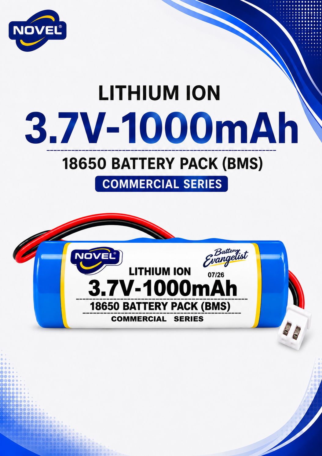 NOVEL 3.7V BMS 18650 LITHIUM ION SINGLE BATTERY WITH JST 2PIN- 1000mAh