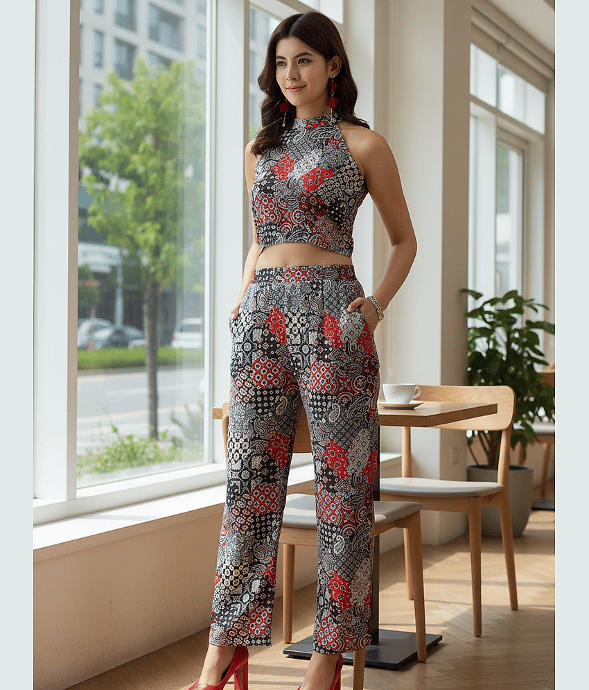 Rigo Women Printed Top With Trousers Co-Ord Set ( Blue )